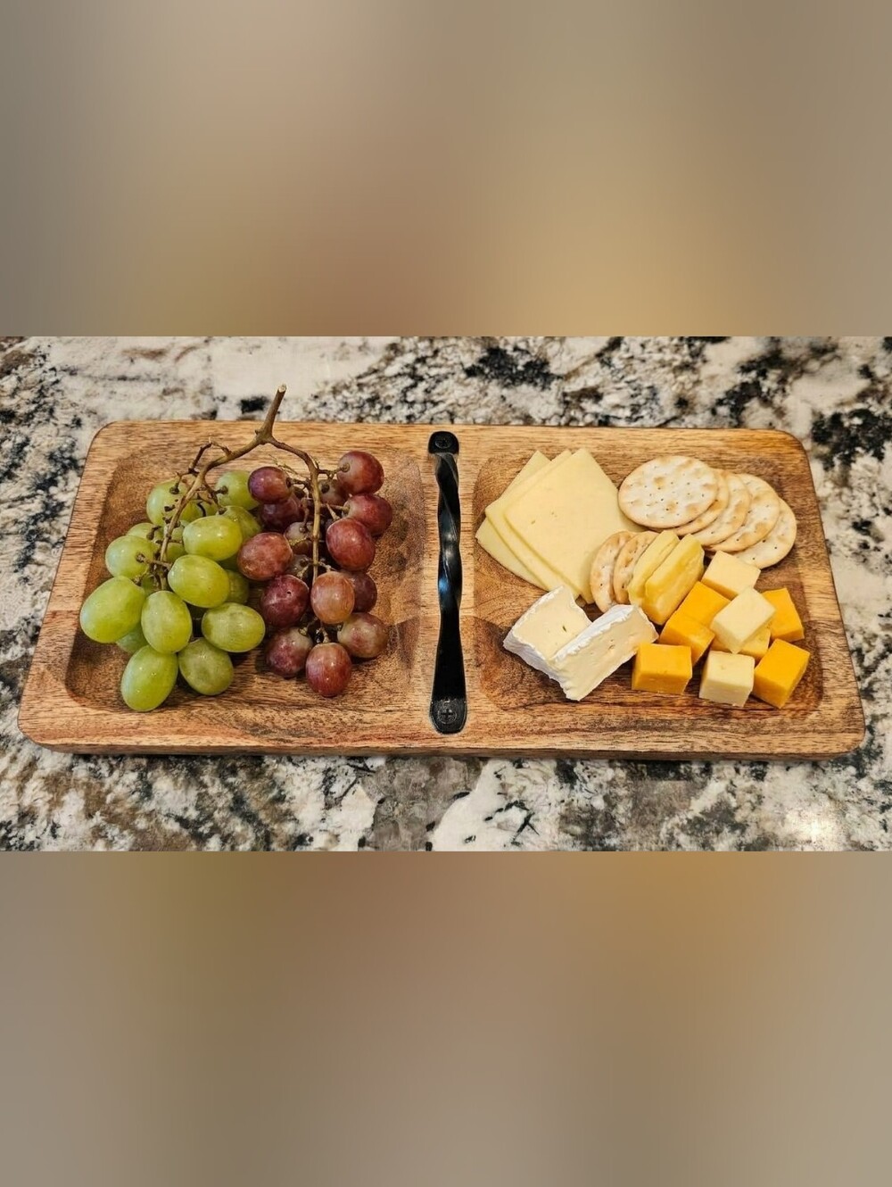 Just Oiled. Wooden Charcuterie Serving Tray with Black Metal Handle.